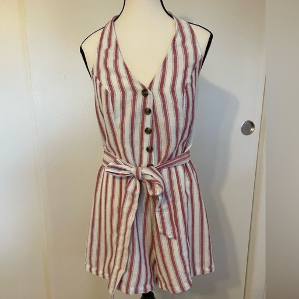 American Eagle Outfitters Striped Halter-style Romper Medium Cotton-linen